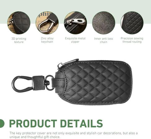 حافظة مفاتيح السيارة الذكية، غطاء جلدي لمفتاح التحكم عن بعد مع خطاف معدني، منظم حامل سلسلة مفاتيح بسحاب، عالمي لمفاتيح السيارة (أسود) in Kuwait