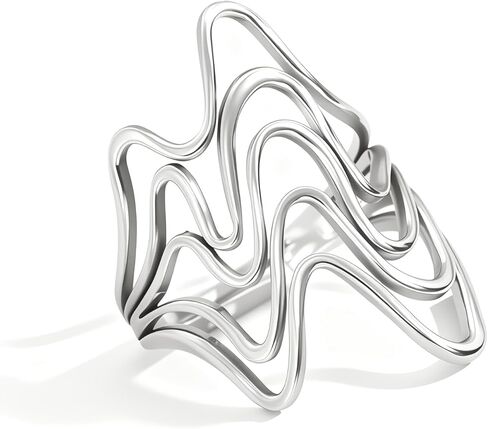 Elegant Silver Platinum Wide Chunky Statement Ring for Women, Multi-Row Wave Flower Pattern, Cocktail Party Style in Kuwait