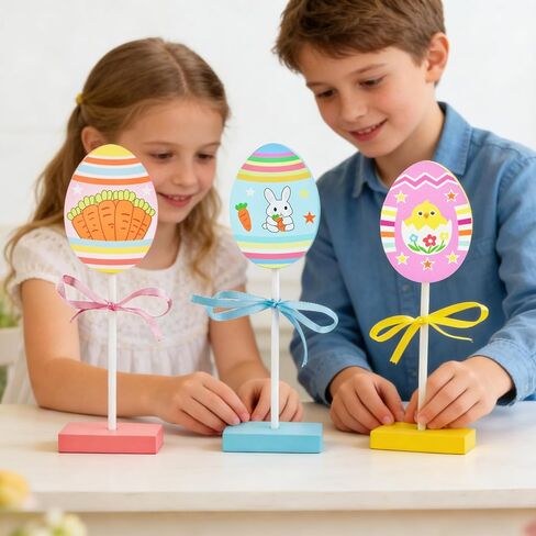 3 Sets Easter Table Centerpiece Decor, Easter Tiered Tray Decoration Egg Bunny Carrot Colorful Spring Wooden Sign Tabletop for Home, Mantel, and Dining Table in Kuwait