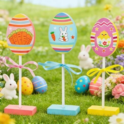 3 Sets Easter Table Centerpiece Decor, Easter Tiered Tray Decoration Egg Bunny Carrot Colorful Spring Wooden Sign Tabletop for Home, Mantel, and Dining Table in Kuwait