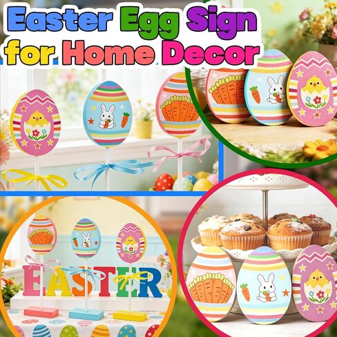 3 Sets Easter Table Centerpiece Decor, Easter Tiered Tray Decoration Egg Bunny Carrot Colorful Spring Wooden Sign Tabletop for Home, Mantel, and Dining Table in Kuwait