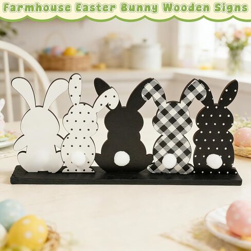 Easter Table Decor - Black and White Bunny Wooden Table Sign,Vintage Easter Decor for Home,Standing Table Top Decor,Spring Table Centerpiece(11.8x5.2 Inch) in Saudi Arabia