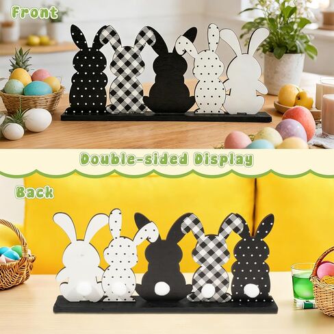 Easter Table Decor - Black and White Bunny Wooden Table Sign,Vintage Easter Decor for Home,Standing Table Top Decor,Spring Table Centerpiece(11.8x5.2 Inch) in Saudi Arabia