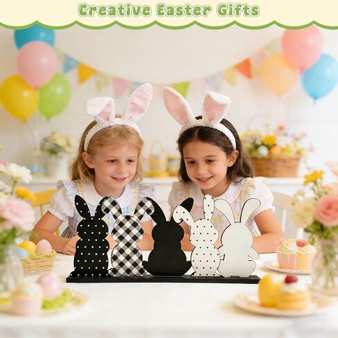 Easter Table Decor - Black and White Bunny Wooden Table Sign,Vintage Easter Decor for Home,Standing Table Top Decor,Spring Table Centerpiece(11.8x5.2 Inch) in Saudi Arabia