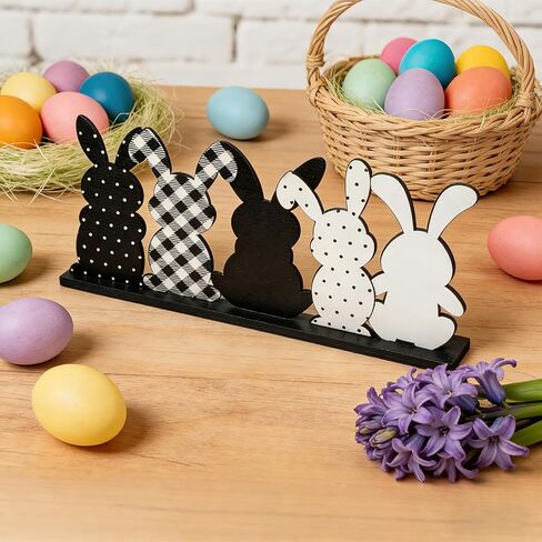 Easter Table Decor - Black and White Bunny Wooden Table Sign,Vintage Easter Decor for Home,Standing Table Top Decor,Spring Table Centerpiece(11.8x5.2 Inch) in Saudi Arabia
