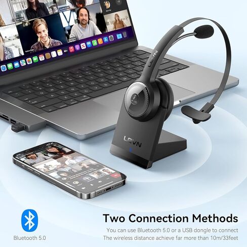 [2024 Version]LEVN Bluetooth 5.2 Headset, Wireless Headset with Microphone (AI Noise Cancelling) & USB Dongle, 45 Hrs Wireless Headset with Mic for Work from Home PC Laptop Computer Call Center Teams in Kuwait