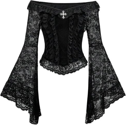 المرأة القوطية قبالة الكتف جرس كم طويل تي شيرت الدانتيل غير المتكافئة المحاصيل المحملة الأعلى in Kuwait