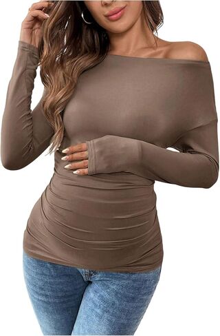 SweatyRocks Women's Maternity Clothes Ruched Long Sleeve T Shirt Boat Neck Basic Pregnancy Tees in Saudi Arabia