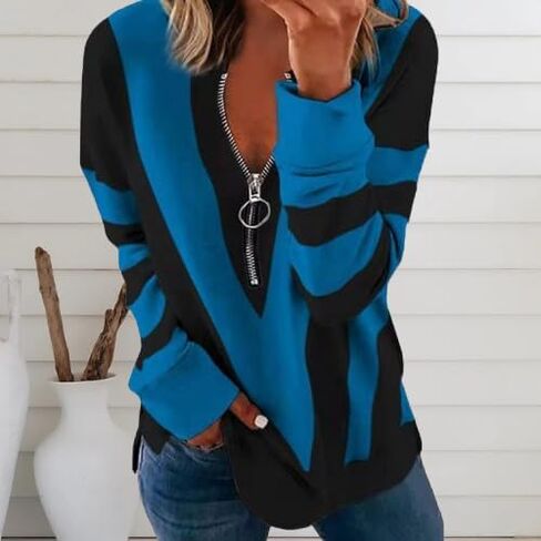 Women's Half Zip V-Shaped Color Block Stripe Print Sweatshirt with Side Slit and Pocket in Saudi Arabia