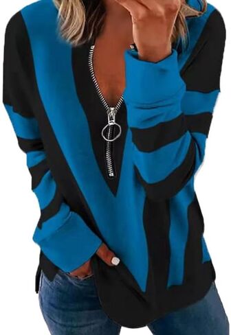 Women's Half Zip V-Shaped Color Block Stripe Print Sweatshirt with Side Slit and Pocket in Saudi Arabia