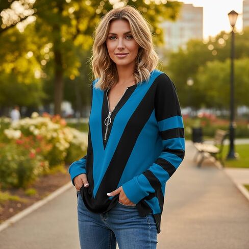 Women's Half Zip V-Shaped Color Block Stripe Print Sweatshirt with Side Slit and Pocket in Saudi Arabia