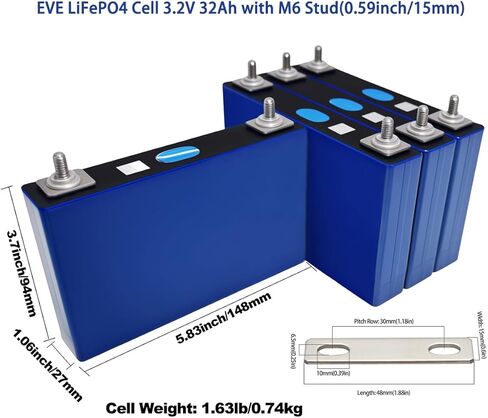 بطارية EVE 3.2V 32Ah LiFePO4 بطارية ليثيوم فوسفات الحديد LF32K مع مسامير M6، أشرطة التوصيل، لوح الإيبوكسي، صواميل M6، دورات من الدرجة A 4000-15000، عمر افتراضي يزيد عن 10 سنوات، خلايا بطارية قابلة لإعادة الشحن ذات دورة عميقة in Kuwait