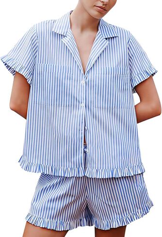Wyeysyt Womens Striped Cotton Pajama Sets Shorts 2 Piece Cute Pjs Sets Summer Lounge Set in Kuwait