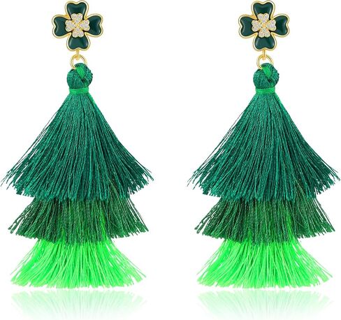 أقراط عيد القديس باتريك للنساء - أقراط شرابة ذات طبقات متدرجة خضراء مع ترصيع شامروك محظوظ، أقراط بوهو متدلية متدلية، هدايا وإكسسوارات مجوهرات حفلات الأعياد الأيرلندية in Kuwait