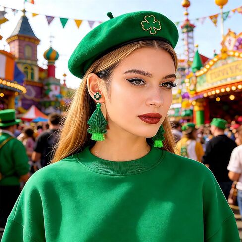 أقراط عيد القديس باتريك للنساء - أقراط شرابة ذات طبقات متدرجة خضراء مع ترصيع شامروك محظوظ، أقراط بوهو متدلية متدلية، هدايا وإكسسوارات مجوهرات حفلات الأعياد الأيرلندية in Kuwait