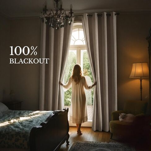 NICETOWN Natural 100% Blackout Grommet Linen Curtains 84" Long 2 Panels Set, Thermal Thick Linen Blend Drapes, Insulated Window Cover Draperies with Beige Backing for Cottage Living Room, 52" W in Saudi Arabia