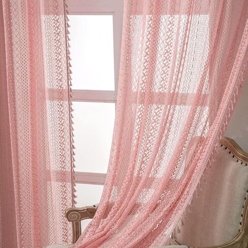 Blush Pink Curtains 2 Panels 84 Inches Long Cotton Crochet Lace Sheer Curtain Cute Soft Baby Pink Curtains for Girls Room Nursery Living Room,Rod Pocket Tassel Semi Sheer Drapes,Dusty Grey Pink in Kuwait