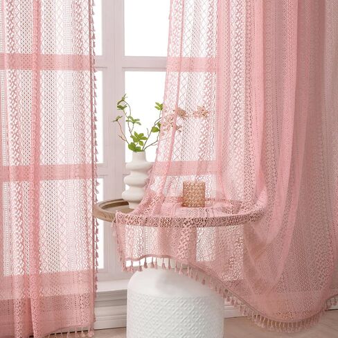 Blush Pink Curtains 2 Panels 84 Inches Long Cotton Crochet Lace Sheer Curtain Cute Soft Baby Pink Curtains for Girls Room Nursery Living Room,Rod Pocket Tassel Semi Sheer Drapes,Dusty Grey Pink in Kuwait