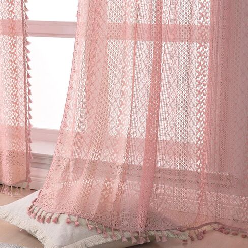 Blush Pink Curtains 2 Panels 84 Inches Long Cotton Crochet Lace Sheer Curtain Cute Soft Baby Pink Curtains for Girls Room Nursery Living Room,Rod Pocket Tassel Semi Sheer Drapes,Dusty Grey Pink in Kuwait