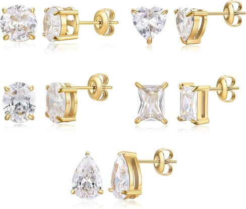 5 Pairs Cubic Zirconia Stud Earrings Sets for Women and Men 14K Gold Plated Stainless Steel Crystal Studs Clear Solitaire CZ Post Earrings Heart / Rectangle / Teardrop / Round / Oval Shaped Earrings Hypoallergenic Waterproof for Sensitive Ears in Kuwait