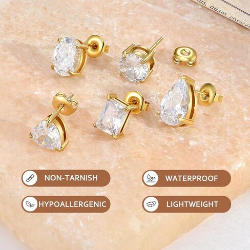 5 Pairs Cubic Zirconia Stud Earrings Sets for Women and Men 14K Gold Plated Stainless Steel Crystal Studs Clear Solitaire CZ Post Earrings Heart / Rectangle / Teardrop / Round / Oval Shaped Earrings Hypoallergenic Waterproof for Sensitive Ears in Kuwait