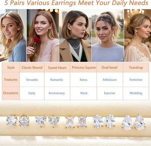 5 Pairs Cubic Zirconia Stud Earrings Sets for Women and Men 14K Gold Plated Stainless Steel Crystal Studs Clear Solitaire CZ Post Earrings Heart / Rectangle / Teardrop / Round / Oval Shaped Earrings Hypoallergenic Waterproof for Sensitive Ears in Kuwait