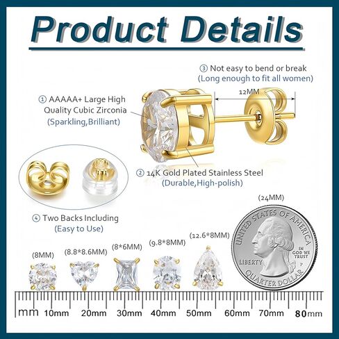 5 Pairs Cubic Zirconia Stud Earrings Sets for Women and Men 14K Gold Plated Stainless Steel Crystal Studs Clear Solitaire CZ Post Earrings Heart / Rectangle / Teardrop / Round / Oval Shaped Earrings Hypoallergenic Waterproof for Sensitive Ears in Kuwait