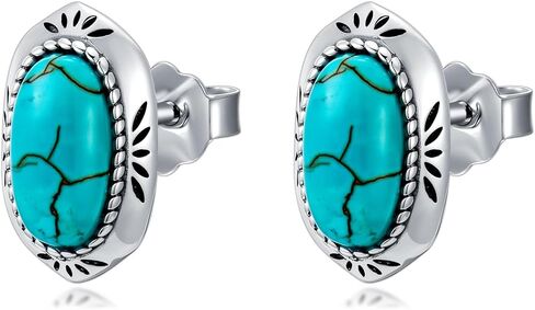 Real Turquoise Stud Earrings for Women 925 Sterling Silver Oval Shape Turquoise Earrings Natural Gemstone Western Jewelry Gifts in Saudi Arabia