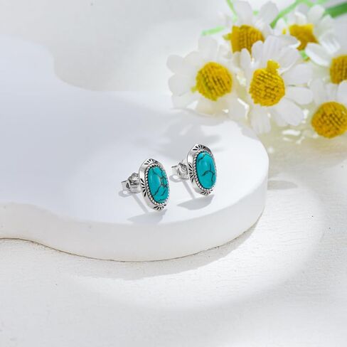 Real Turquoise Stud Earrings for Women 925 Sterling Silver Oval Shape Turquoise Earrings Natural Gemstone Western Jewelry Gifts in Saudi Arabia