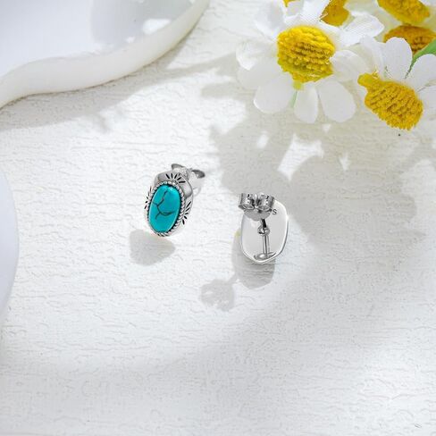 Real Turquoise Stud Earrings for Women 925 Sterling Silver Oval Shape Turquoise Earrings Natural Gemstone Western Jewelry Gifts in Saudi Arabia