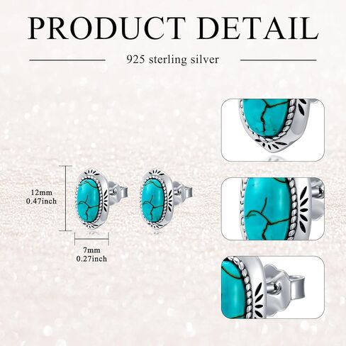 Real Turquoise Stud Earrings for Women 925 Sterling Silver Oval Shape Turquoise Earrings Natural Gemstone Western Jewelry Gifts in Saudi Arabia