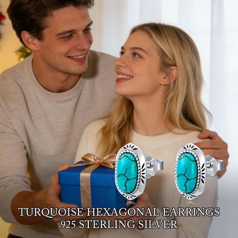 Real Turquoise Stud Earrings for Women 925 Sterling Silver Oval Shape Turquoise Earrings Natural Gemstone Western Jewelry Gifts in Saudi Arabia