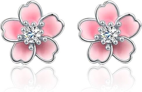 Cherry Blossom Earrings for Women 925 Sterling Silver Pink Flower Studs Cute Hypoallergenic Jewelry Plumeria Floral Design Cute Flower Stud Earrings in Saudi Arabia