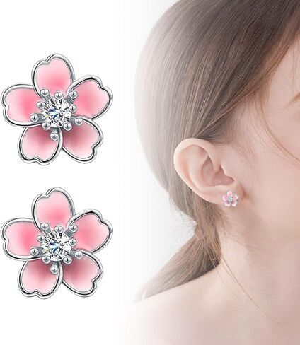 Cherry Blossom Earrings for Women 925 Sterling Silver Pink Flower Studs Cute Hypoallergenic Jewelry Plumeria Floral Design Cute Flower Stud Earrings in Saudi Arabia