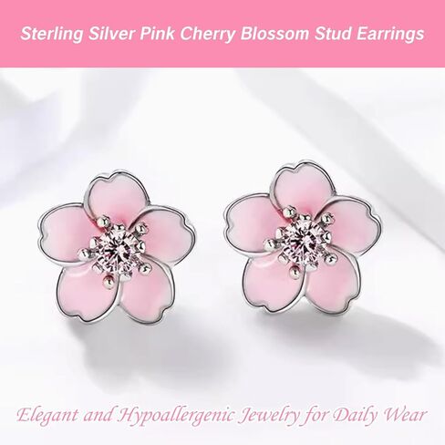 Cherry Blossom Earrings for Women 925 Sterling Silver Pink Flower Studs Cute Hypoallergenic Jewelry Plumeria Floral Design Cute Flower Stud Earrings in Saudi Arabia