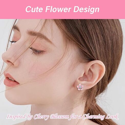 Cherry Blossom Earrings for Women 925 Sterling Silver Pink Flower Studs Cute Hypoallergenic Jewelry Plumeria Floral Design Cute Flower Stud Earrings in Saudi Arabia