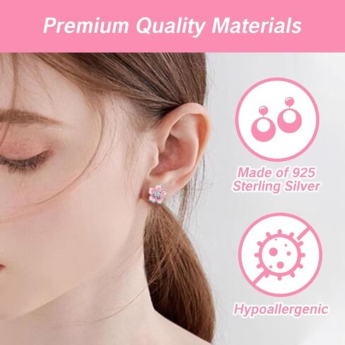 Cherry Blossom Earrings for Women 925 Sterling Silver Pink Flower Studs Cute Hypoallergenic Jewelry Plumeria Floral Design Cute Flower Stud Earrings in Saudi Arabia