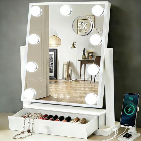 مرآة فانيتي مع أضواء مع درج، منفذ شحن من النوع C وUSB، مرآة مكياج هوليوود مع 9 لمبات LED، 3 ألوان قابلة للتعتيم، تحكم باللمس، تكبير 5X قابل للفصل، هدايا للنساء in Kuwait