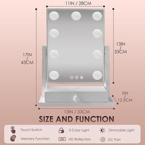 مرآة فانيتي مع أضواء مع درج، منفذ شحن من النوع C وUSB، مرآة مكياج هوليوود مع 9 لمبات LED، 3 ألوان قابلة للتعتيم، تحكم باللمس، تكبير 5X قابل للفصل، هدايا للنساء in Kuwait