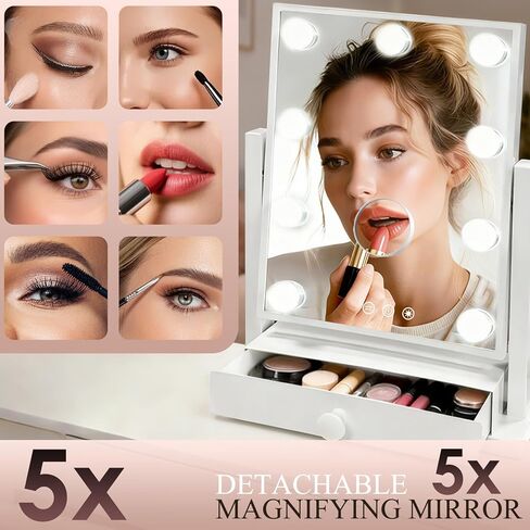 مرآة فانيتي مع أضواء مع درج، منفذ شحن من النوع C وUSB، مرآة مكياج هوليوود مع 9 لمبات LED، 3 ألوان قابلة للتعتيم، تحكم باللمس، تكبير 5X قابل للفصل، هدايا للنساء in Kuwait