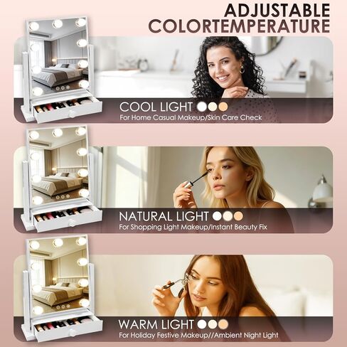 مرآة فانيتي مع أضواء مع درج، منفذ شحن من النوع C وUSB، مرآة مكياج هوليوود مع 9 لمبات LED، 3 ألوان قابلة للتعتيم، تحكم باللمس، تكبير 5X قابل للفصل، هدايا للنساء in Kuwait