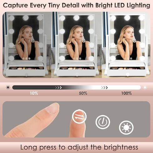 مرآة فانيتي مع أضواء مع درج، منفذ شحن من النوع C وUSB، مرآة مكياج هوليوود مع 9 لمبات LED، 3 ألوان قابلة للتعتيم، تحكم باللمس، تكبير 5X قابل للفصل، هدايا للنساء in Kuwait