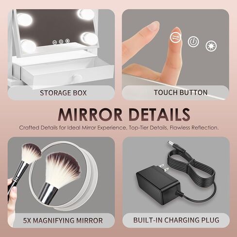 مرآة فانيتي مع أضواء مع درج، منفذ شحن من النوع C وUSB، مرآة مكياج هوليوود مع 9 لمبات LED، 3 ألوان قابلة للتعتيم، تحكم باللمس، تكبير 5X قابل للفصل، هدايا للنساء in Kuwait