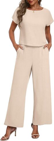 Lepunuo 2 Piece Sets for Women Summer Cap Sleeve Crop Top Wide Leg Pants Matching Lounge Set Vacation Beach Travel Outfits in Kuwait