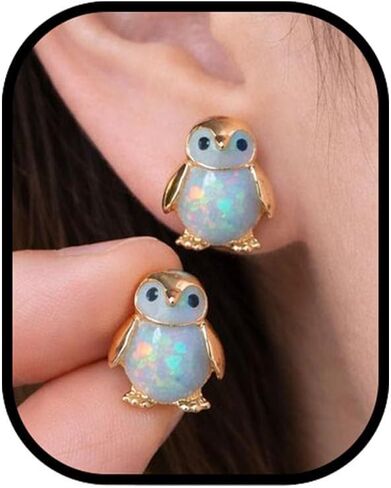 Cute Penguin Opal Earrings,14k Gold Plated Funny Earring Tiny Funny Animal Stud Earring White Nature Stone Earrings Dainty Jewelry Gifts for Women in Kuwait