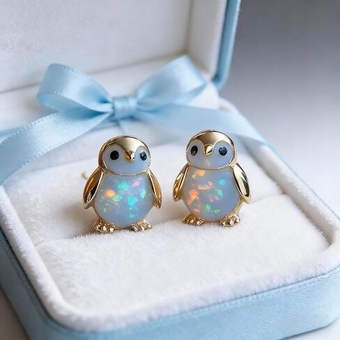 Cute Penguin Opal Earrings,14k Gold Plated Funny Earring Tiny Funny Animal Stud Earring White Nature Stone Earrings Dainty Jewelry Gifts for Women in Kuwait