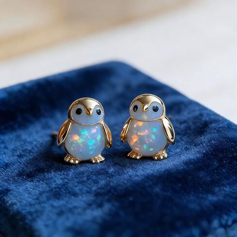 Cute Penguin Opal Earrings,14k Gold Plated Funny Earring Tiny Funny Animal Stud Earring White Nature Stone Earrings Dainty Jewelry Gifts for Women in Kuwait