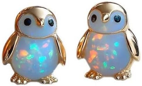 Cute Penguin Opal Earrings,14k Gold Plated Funny Earring Tiny Funny Animal Stud Earring White Nature Stone Earrings Dainty Jewelry Gifts for Women in Kuwait