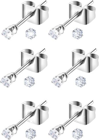 Silver Stud Earrings for Women, 6 Pairs Stainless Steel Tiny Earrings, 2mm Cubic Zirconia Flat Back Earring - 20G CZ Studs Jewelry Set in Kuwait