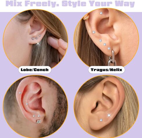 Silver Stud Earrings for Women, 6 Pairs Stainless Steel Tiny Earrings, 2mm Cubic Zirconia Flat Back Earring - 20G CZ Studs Jewelry Set in Kuwait